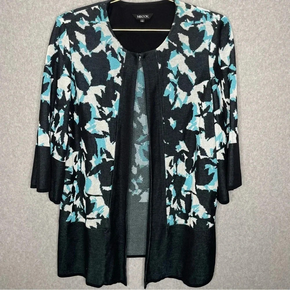 Misook Fly-Away 3/4 Sleeve Abstract Print Open Front Sweater Jacket - Picture 1 of 6